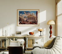 Bank of England and Royal Exchange print in an oak frame above a mid-century book console with a vintage radio