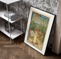 Woman serving glass of water poster in a black frame leaning beside a shelf in a raw-plaster loft