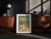 Black-framed woman serving glass of water print on a moody console with designer coffee-table books