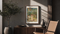 Woman serving glass of water poster framed above a fluted sideboard beside an olive tree