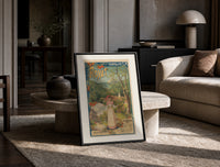 Woman serving glass of water print in a black frame leaning on a travertine table in a sunlit lounge