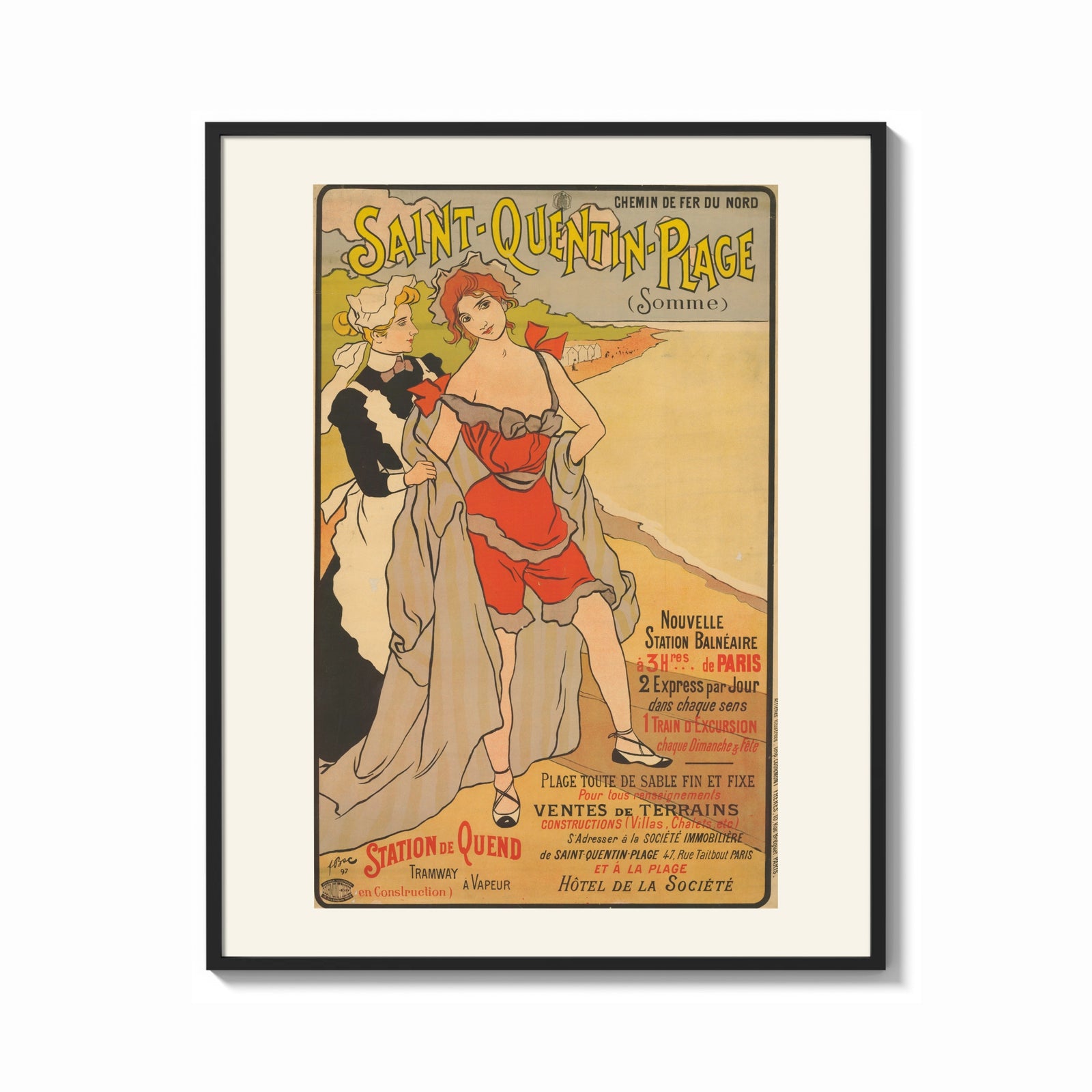 Framed woman in red bathing suit at beach print shown as a bold statement piece on a clean gallery wall