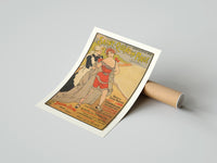 Rolled woman in red bathing suit at beach poster beside its crush-resistant kraft shipping tube