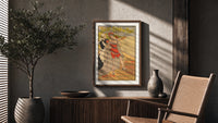 Woman in red bathing suit at beach poster framed above a fluted sideboard beside an olive tree