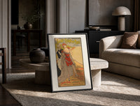 Woman in red bathing suit at beach print in a black frame leaning on a travertine table in a sunlit lounge