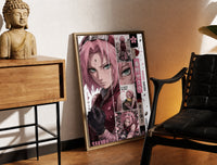 Brass-framed Pink-haired anime kunoichi girl print leaning in a warm styled corner by a sculpture