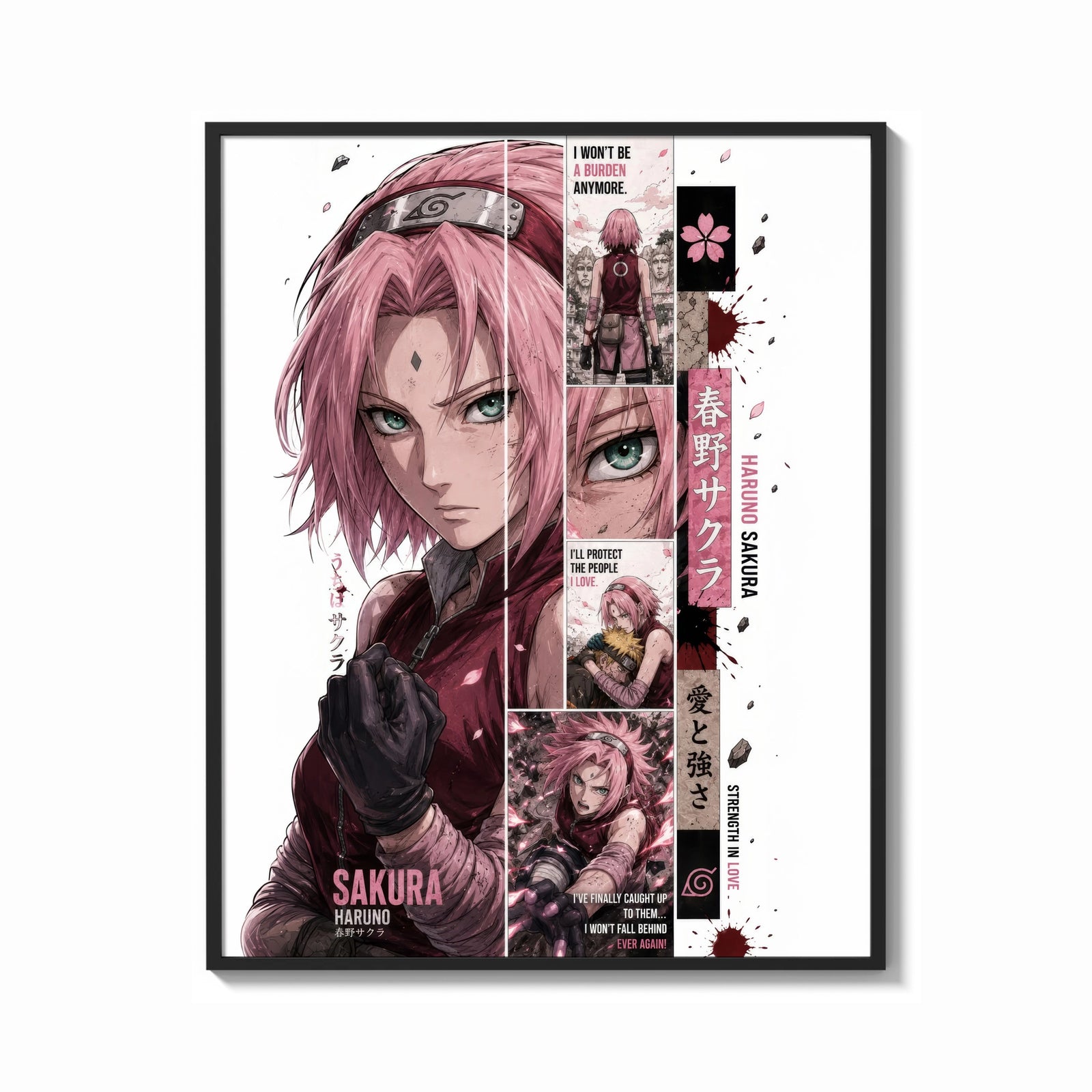 Framed Pink-haired anime kunoichi girl print shown as a bold statement piece on a clean gallery wall