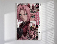 Pink-haired anime kunoichi girl poster in a slim frame on a bright wall with soft window light