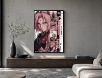 Pink-haired anime kunoichi girl poster framed above a wood console in a concrete-wall living room