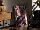 Walnut-framed Pink-haired anime kunoichi girl print leaning against a sunlit rustic brick wall