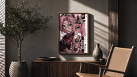 Pink-haired anime kunoichi girl poster framed above a fluted sideboard beside an olive tree