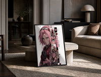 Pink-haired anime kunoichi girl print in a black frame leaning on a travertine table in a sunlit lounge