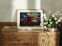 Witch flying on broomstick with cat print in an oak frame on a farmhouse dresser beside white tulips