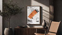 Salmon Lighter Seafood Market poster framed above a fluted sideboard beside a potted tree