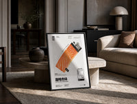 Salmon Lighter Seafood Market print on the floor, leaning against a travertine table