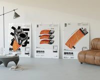 Salmon Sushi Lighter Set of 3 three-panel set displayed beside a brown leather sofa