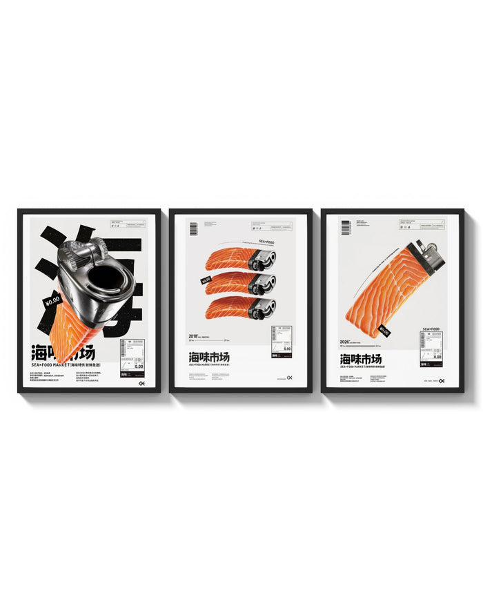 Salmon Sushi Lighter Set of 3 arranged on a bright gallery wall