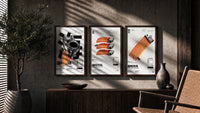 Salmon Sushi Lighter Set of 3 triptych in three walnut frames above a sideboard in a warm room