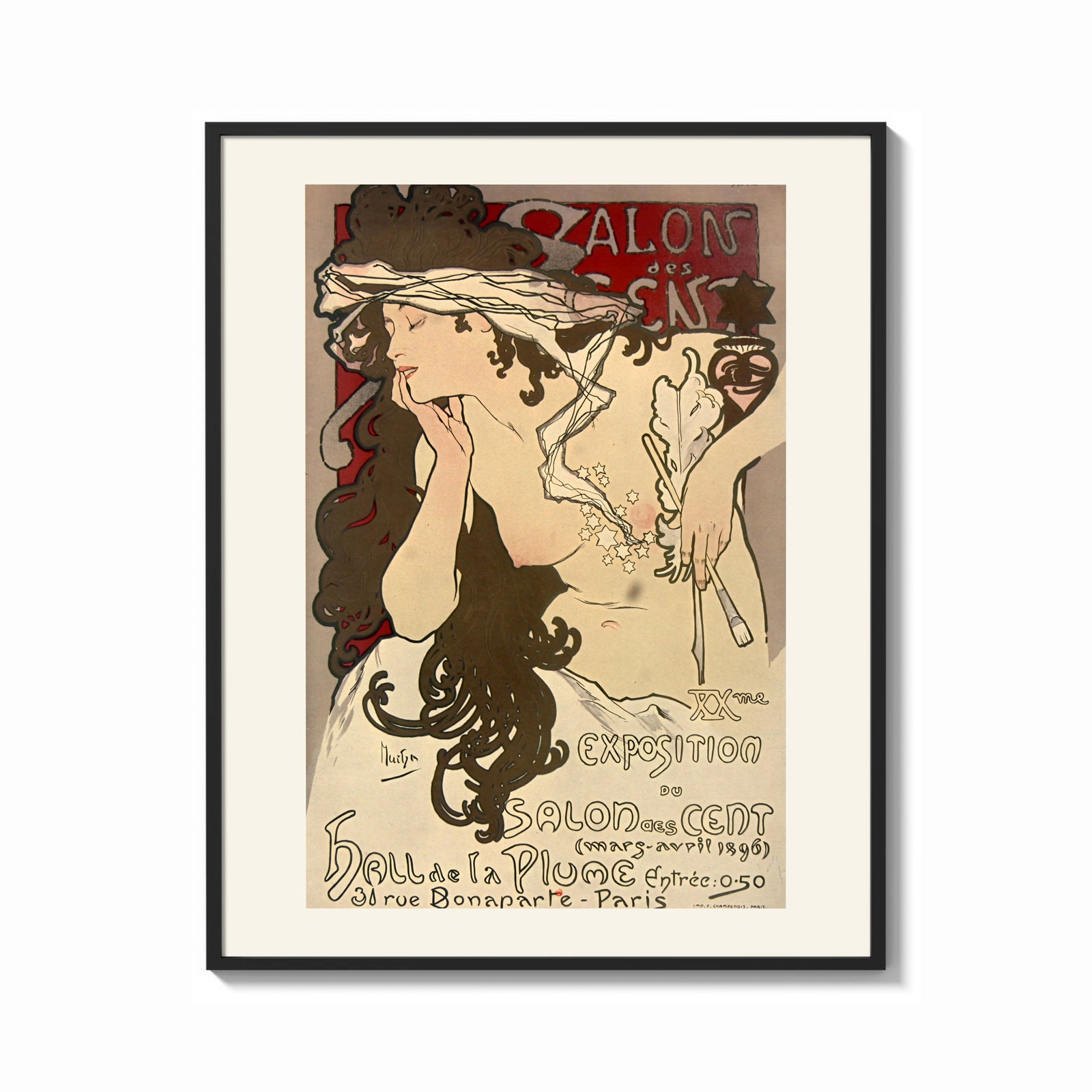 Framed Woman with flowing hair holding feather print shown as a bold statement piece on a clean gallery wall