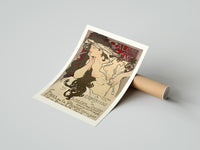 Rolled Woman with flowing hair holding feather poster beside its crush-resistant kraft shipping tube