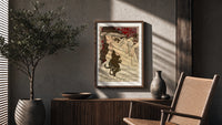 Woman with flowing hair holding feather poster framed above a fluted sideboard beside an olive tree