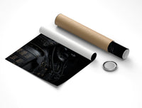 Samurai armor poster with kanji unrolled beside a crush-resistant shipping tube and end cap