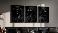 Japanese Warrior Poster Set triptych in three black frames on a grey wall above a leather sofa
