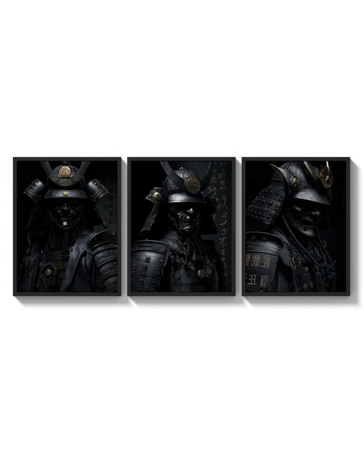 Japanese Warrior Poster Set triptych arranged on a bright gallery wall