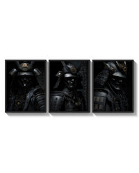 Japanese Warrior Poster Set triptych arranged on a bright gallery wall