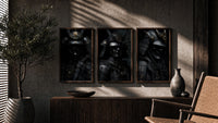 Japanese Warrior Poster Set triptych in three walnut frames above a sideboard in a warm room