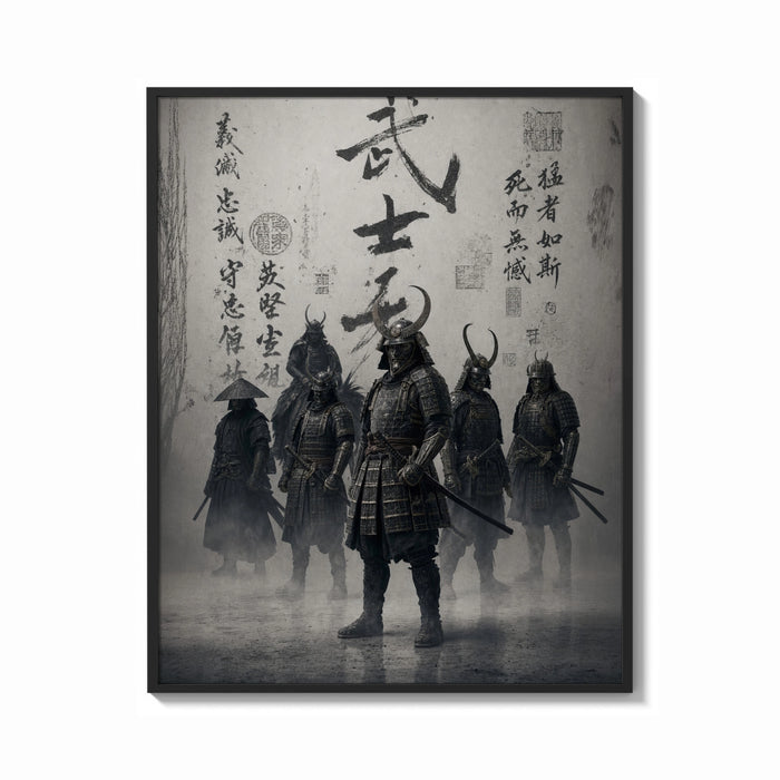Framed Samurai warriors in armor with swords print shown as a bold statement piece on a clean gallery wall