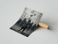 Rolled Samurai warriors in armor with swords poster beside its crush-resistant kraft shipping tube