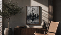 Samurai warriors in armor with swords poster framed above a fluted sideboard beside an olive tree