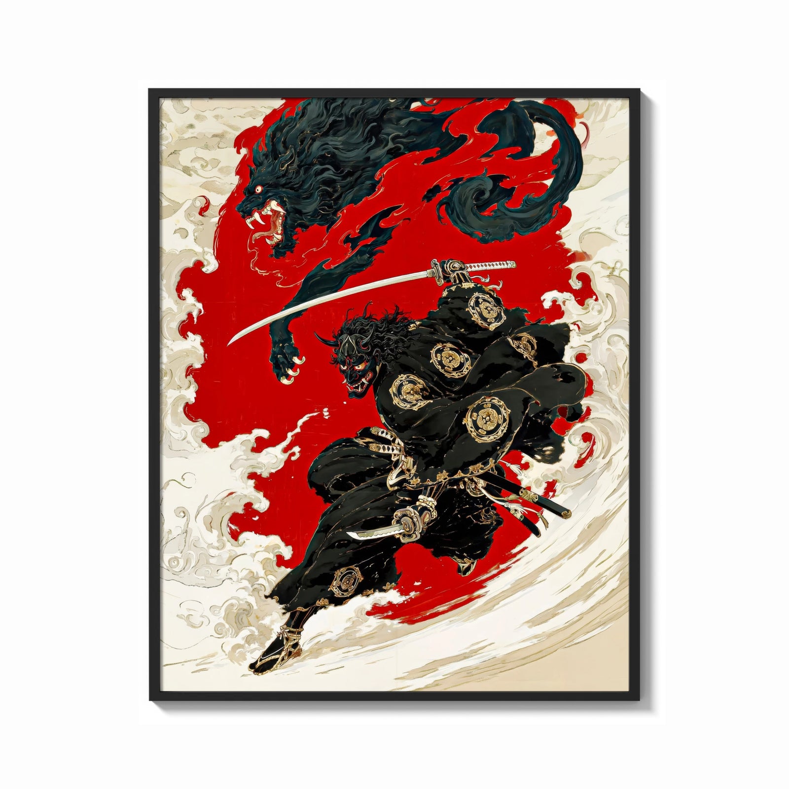 Framed Oni-masked samurai leaping with drawn katana print shown as a bold statement piece on a clean gallery wall