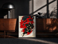 Black-framed Oni-masked samurai leaping with drawn katana print on a moody console with designer coffee-table books