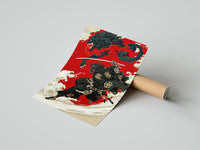 Rolled Oni-masked samurai leaping with drawn katana poster beside its crush-resistant kraft shipping tube
