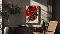 Oni-masked samurai leaping with drawn katana poster framed above a fluted sideboard beside an olive tree