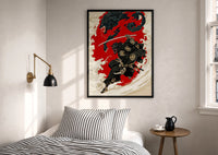 Oni-masked samurai leaping print in a black frame above a bed with striped linens, a brass wall lamp and a sunlit window