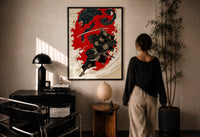 Oni-masked samurai leaping print in a black frame on a sunlit plaster wall, a woman looking on beside a mushroom lamp