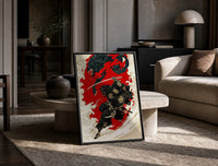 Oni-masked samurai leaping with drawn katana print in a black frame leaning on a travertine table in a sunlit lounge