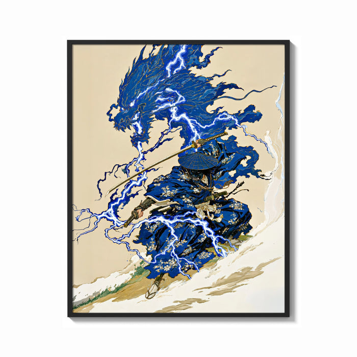 Framed Samurai swordsman with blue lightning dragon print shown as a bold statement piece on a clean gallery wall