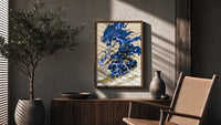 Samurai swordsman with blue lightning dragon poster framed above a fluted sideboard beside an olive tree