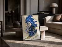 Samurai swordsman with blue lightning dragon print in a black frame leaning on a travertine table in a sunlit lounge