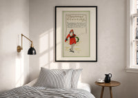 Santa Christmas Greeting print in a black frame above a bed with striped linens, a brass wall lamp and a sunlit window