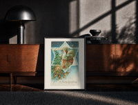 Black-framed Santa A Merry Christmas print on the floor in front of a dark wooden console