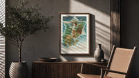Santa A Merry Christmas poster framed above a fluted sideboard beside a potted tree