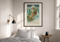 Santa A Merry Christmas print in a black frame above a bed with striped linens, a brass wall lamp and a sunlit window