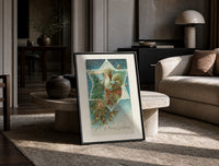 Santa A Merry Christmas print on the floor, leaning against a travertine table