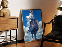 Brass-framed anime ninja with sword print leaning in a warm styled corner by a sculpture