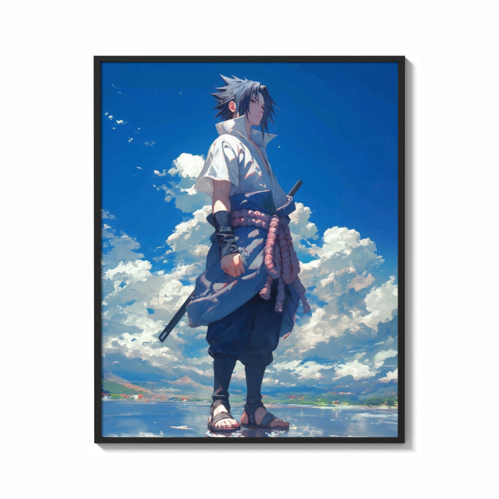 Framed anime ninja with sword print shown as a bold statement piece on a clean gallery wall